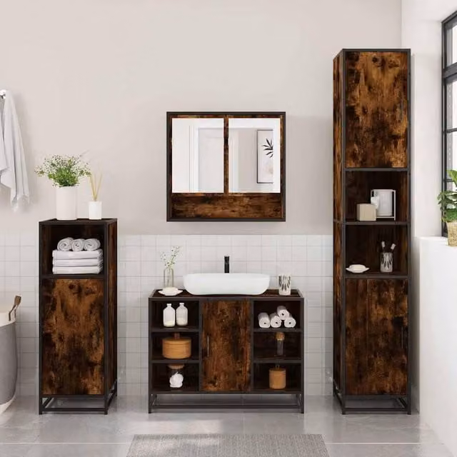 Berkfield Home 4-Piece Industrial Bathroom Furniture Set in Smoked Oak Brown – 1