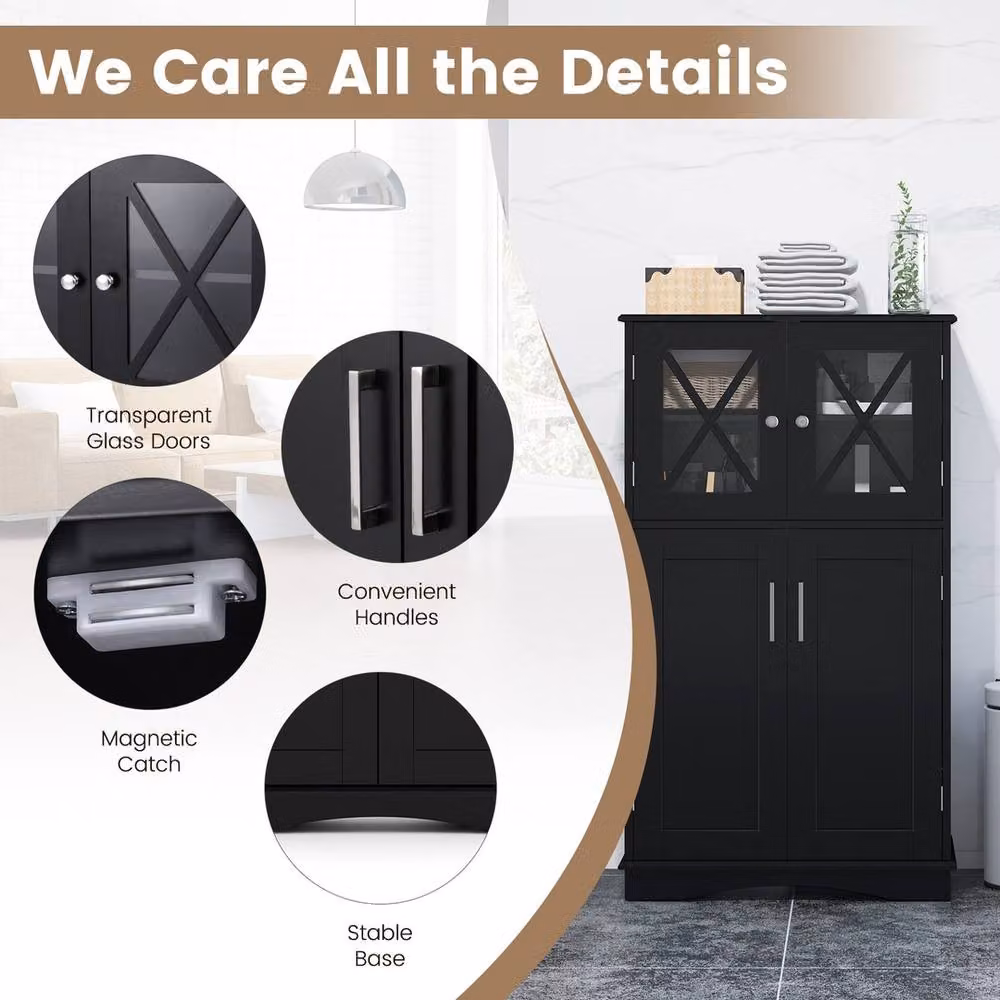 Havendro Black Matt Freestanding Bathroom Linen Storage Cabinet with Glass Doors and Internal Shelves – 4