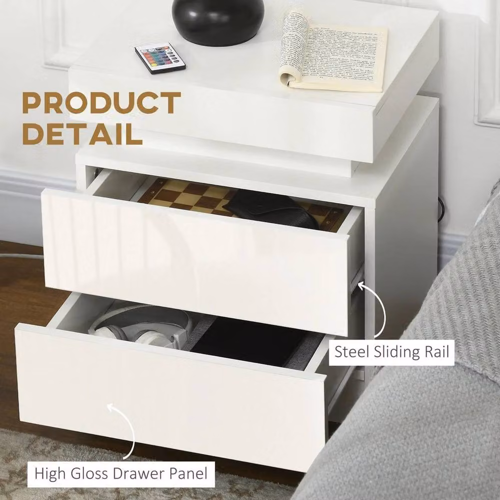 KORVIXA White High Gloss Bedside Table with Integrated Lighting – 2