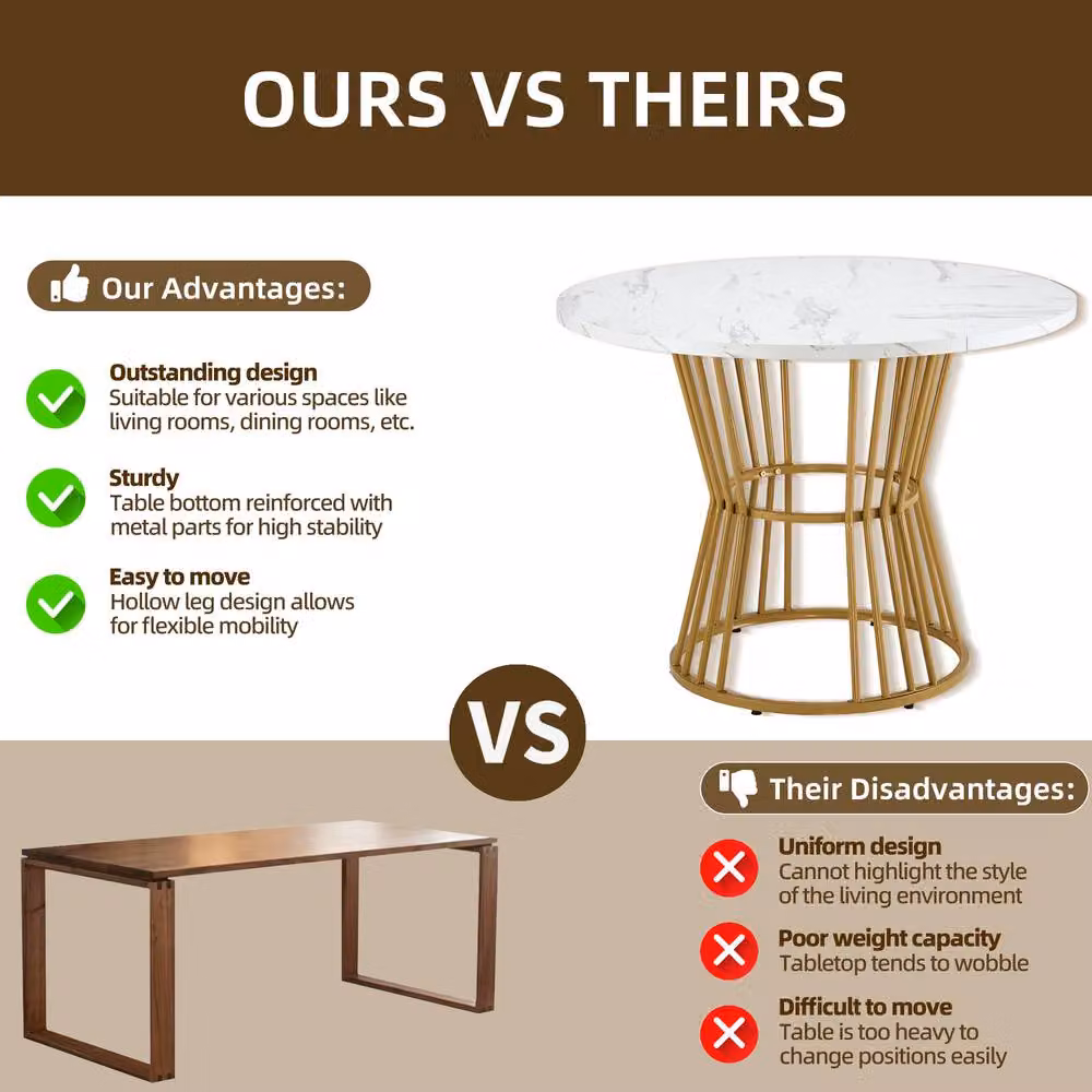 Fascinate Modern Round White Marble Dining Table with Gold Metal Legs – 3