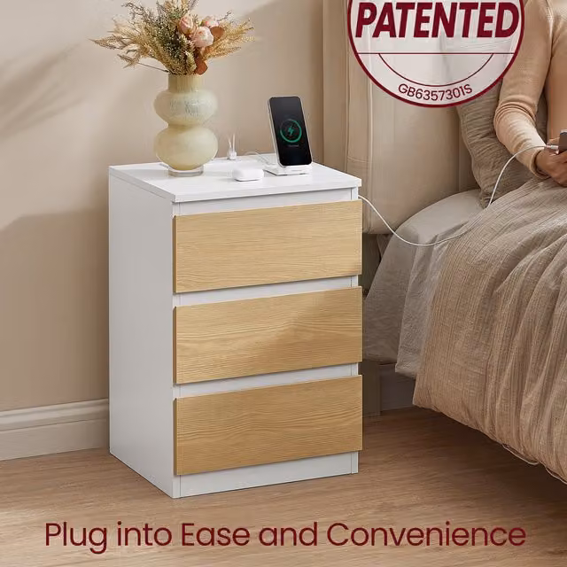 VASAGLE Set of 2 Modern White Charging Bedside Tables