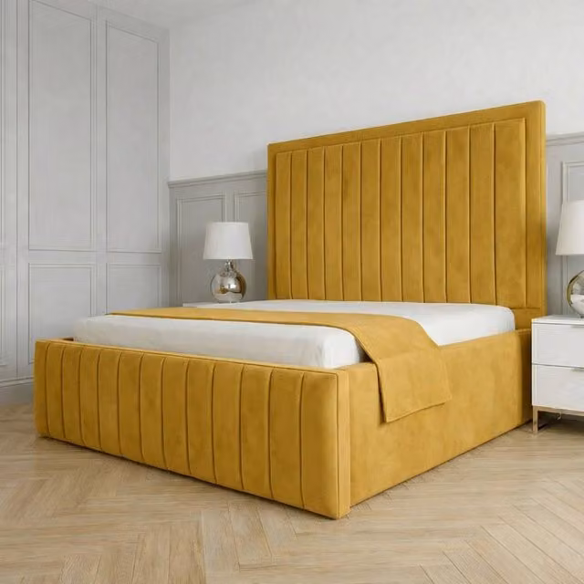 Living Comfort Bedz Sovereign Plush Velvet Upholstered Double Bed with Slatted Base and 48 Inch Headboard in Mustard Yellow
