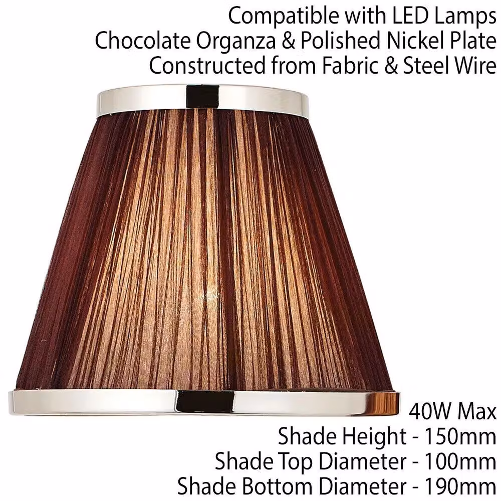 Loops Luxury Round Tapered Lamp Shade in Brown Pleated Organza Fabric with Bright Nickel Metal Finish – 2