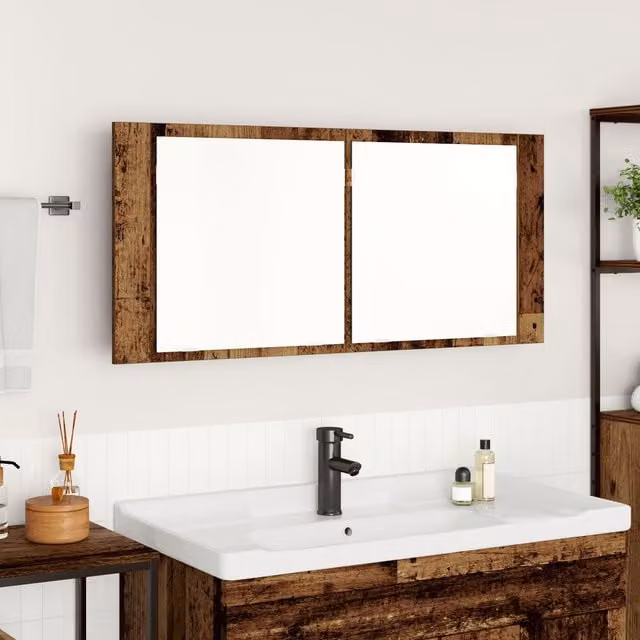 Berkfield Home LED Mirror Cabinet in Old Wood Brown, W/D/H: 100 x 12 x 45 cm – 1