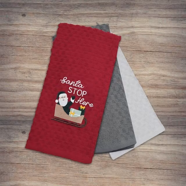 Noel Square Festive Red Cotton Tea Towels, 3 Pack, Highly Absorbent