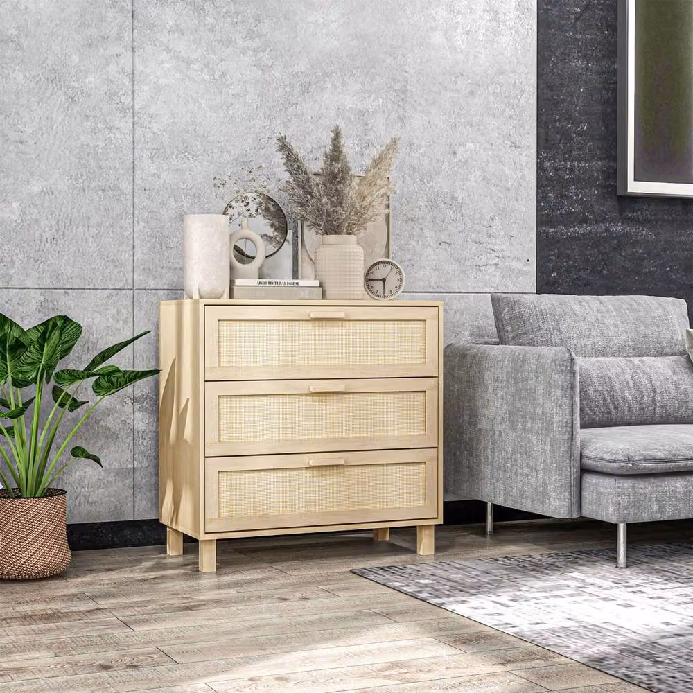 Wyld Haus Doyo Boho 3 Drawer Chest in Natural Rattan and Wood, Beige and Sand – 3