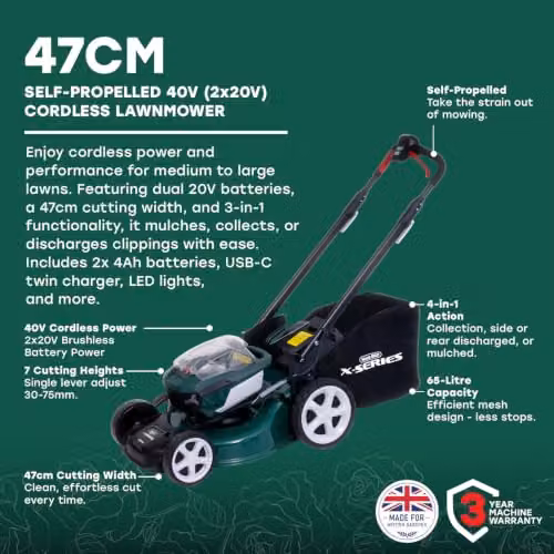 Webb 40V Brushless Self-Propelled Lawnmower in Green with 2 x 4Ah Rechargeable Batteries, Charger, Collection Bag and Mulching Kit, Cutting Width: 47 cm – 8
