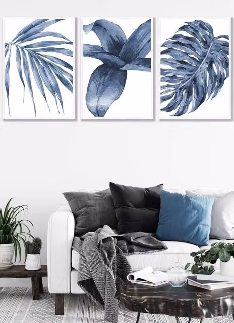 ARTZE Set of 3 Navy Blue and White Abstract Tropical Botanical Wall Art with White Frames, W: 45 cm, H: 62 cm, D: 2 cm – 1