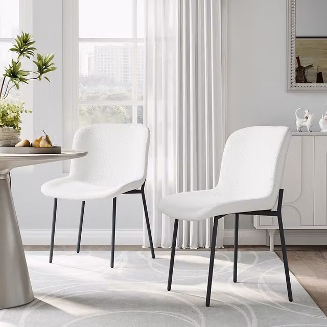 Set of 2 Komore Modern White Fabric Upholstered Dining Chairs with Metal Legs