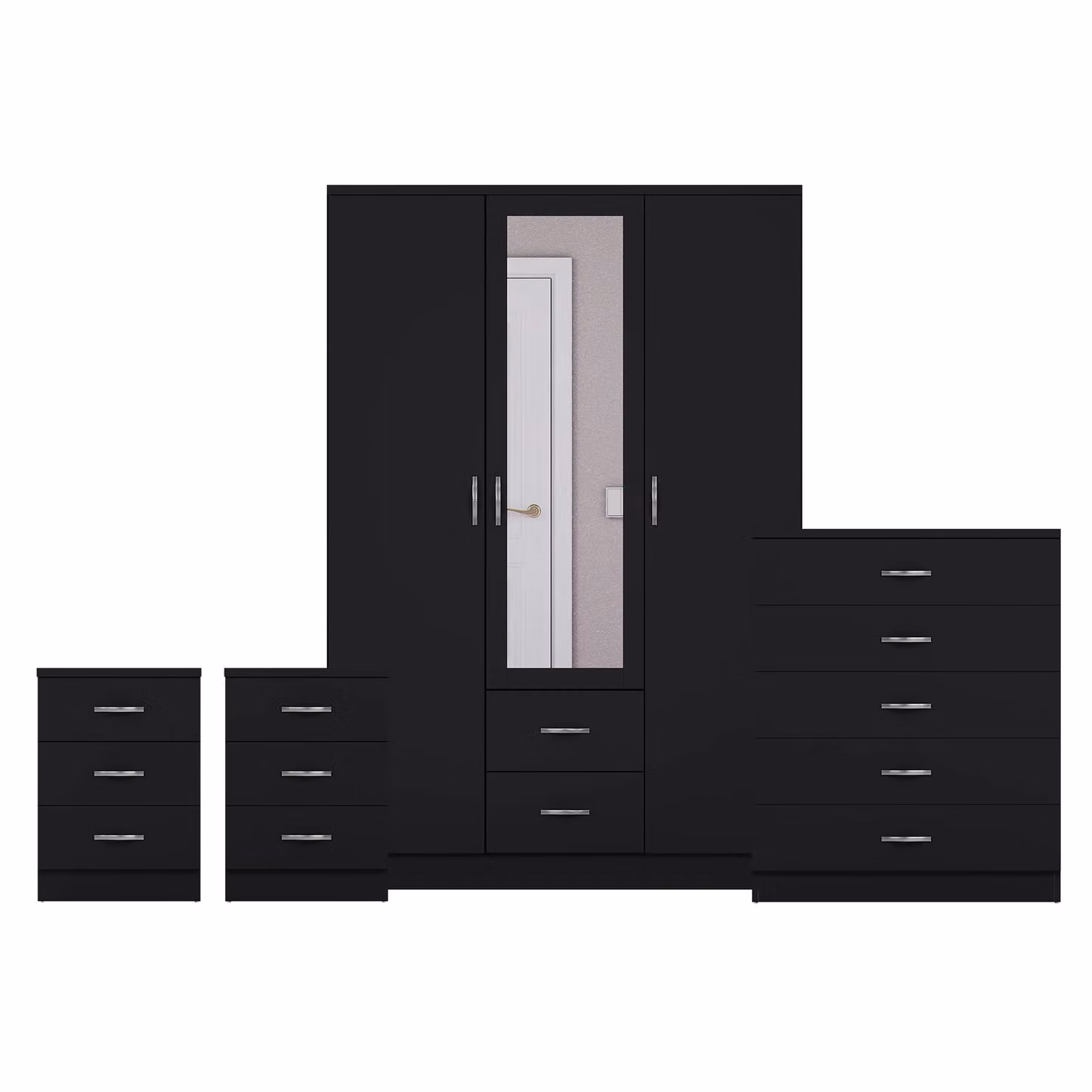 Vida Designs 4 Piece Modern Black Bedroom Set including 2 Bedside Tables, 5 Drawer Chest and 3 Door Mirror Wardrobe – 2
