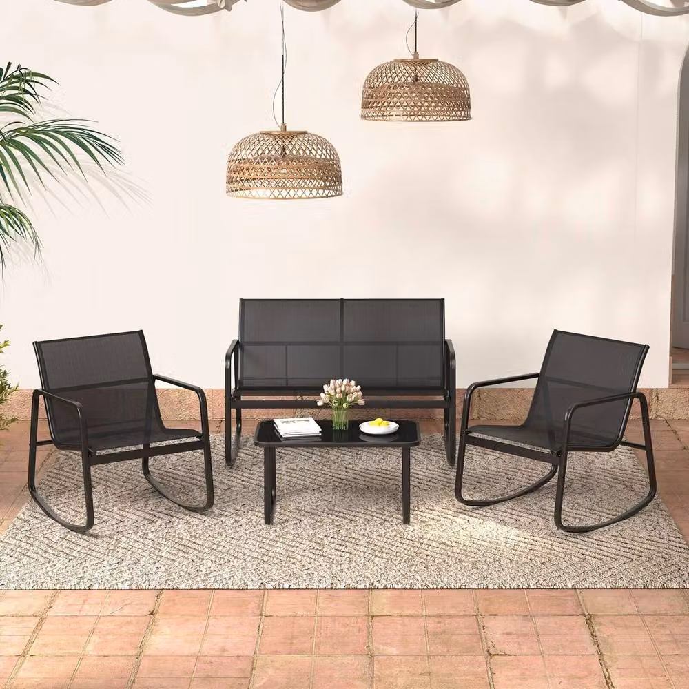 Costway 4 Piece Black Metal and Glass Outdoor Patio Rocking Chair Conversation Set – 4