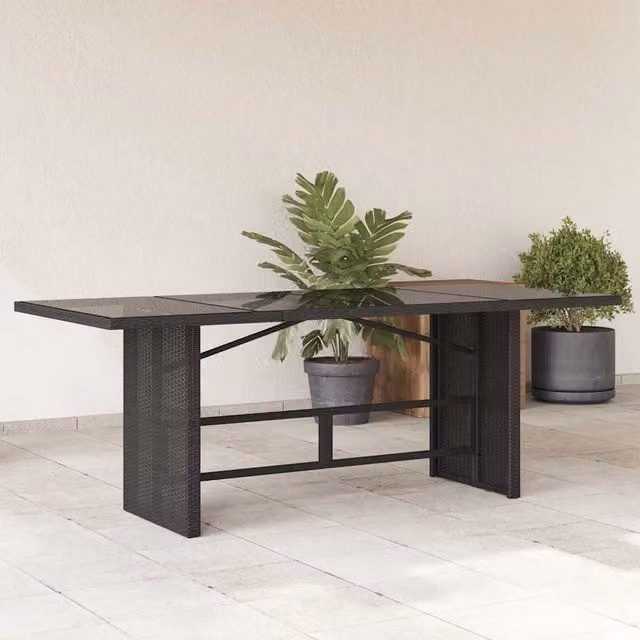 Berkfield Home Modern Black Poly Rattan Garden Table with Glass Top W/D/H: 190 x 80 x 74 cm