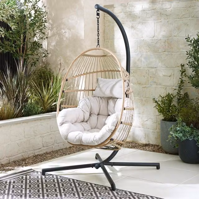 FurnitureboxUK Boho Outdoor Hanging Egg Chair with Cushions and Cover in Beige PE Rattan