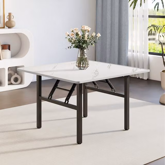 Komore Modern Square Foldable Coffee Table with Marble Effect in White and Black, Width: 80 cm