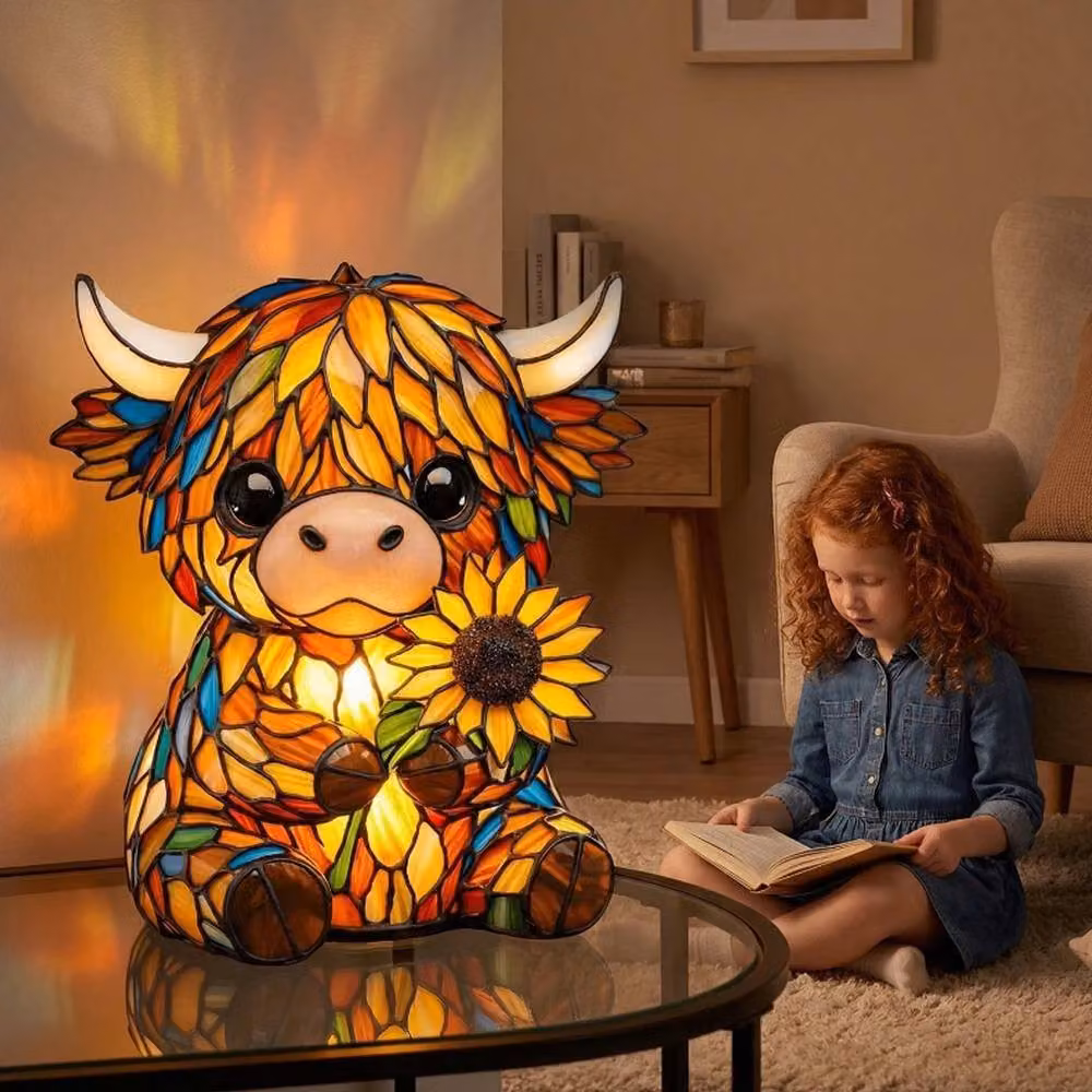 Ventryn 3D LED Highland Cow and Sunflower Night Light, Yellow and Multicolour Table Lamp – 6