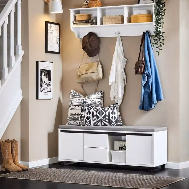 SoBuy Shoe Cabinet with Seat in White, featuring 2 Doors and 2 Drawers, W: 110 cm, D: 35 cm