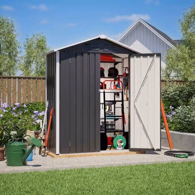 BIRCHTREE Metal Garden Shed in Anthracite with Double Doors and Gable Roof