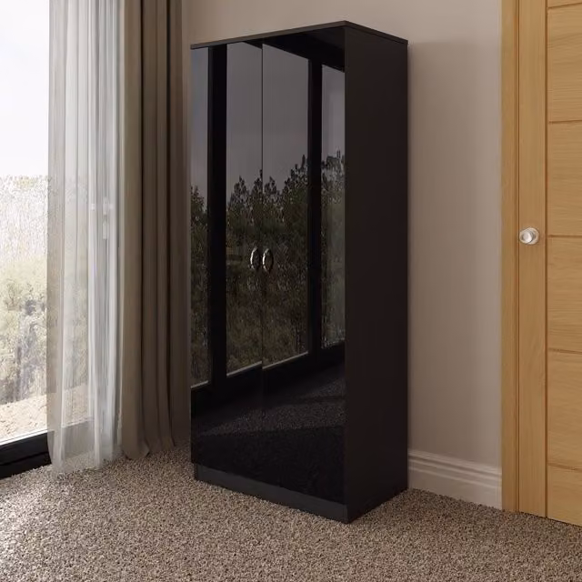 FWStyle Gloss Black 2 Door Double Wardrobe with Internal Shelves and Hanging Rod, W: 80 cm, D: 50 cm, H: 180 cm