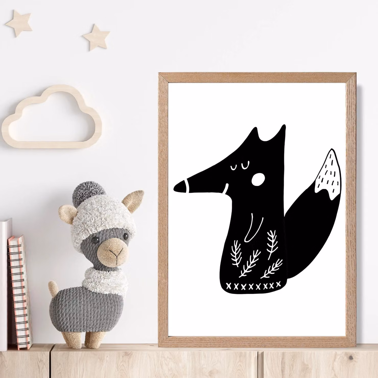 ARTZE Black Fox Scandinavian Animal Framed Print with Oak Wood Frame, A3 – 2