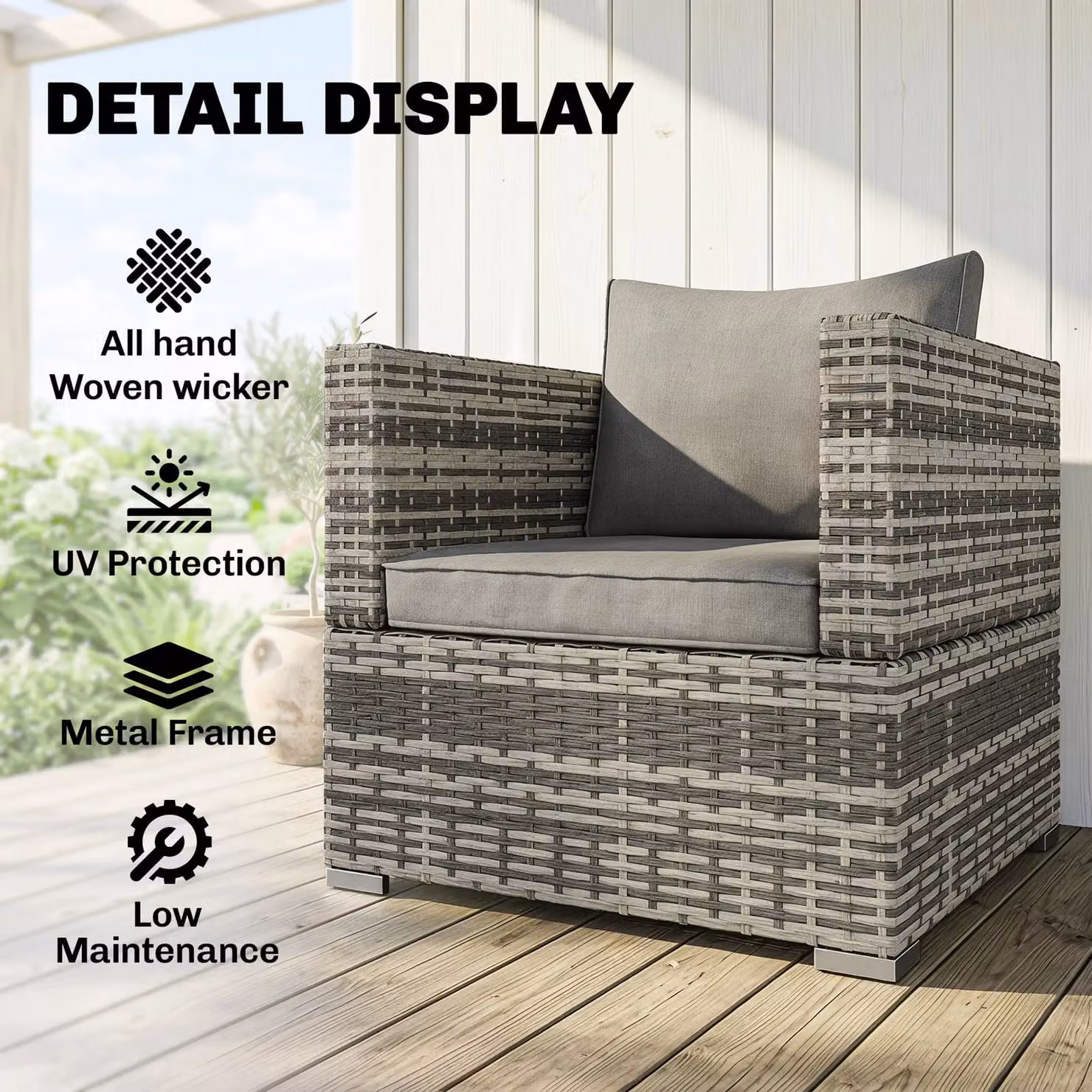 Outsunny Modern Grey Rattan Outdoor Single Sofa Chair with Cushions – 3