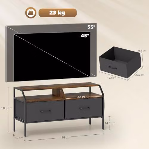 HOMCOM Industrial TV Stand Cabinet for up to 55-Inch Televisions, Brown and Black Wood and Metal Design – 6
