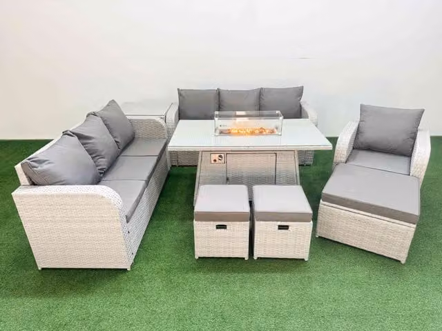 Fimous 10 Seater Poly Rattan Outdoor Garden Furniture Set with Firepit Dining Table, 3 Seater Sofas, Reclining Chairs and Stools in Grey
