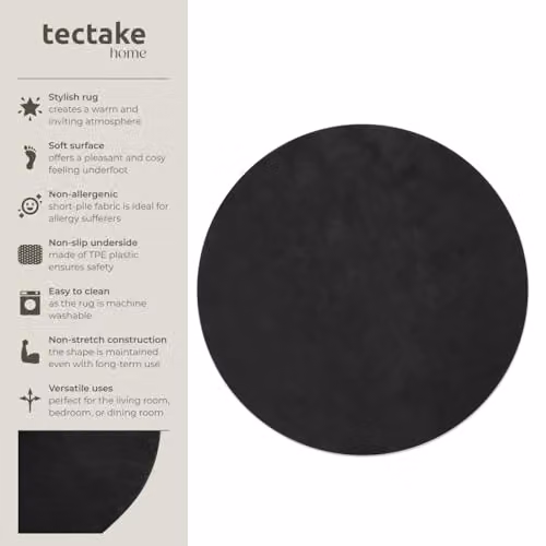 tectake Zonelle Round Fluffy Rug, Black, Diameter: 120 cm – 2