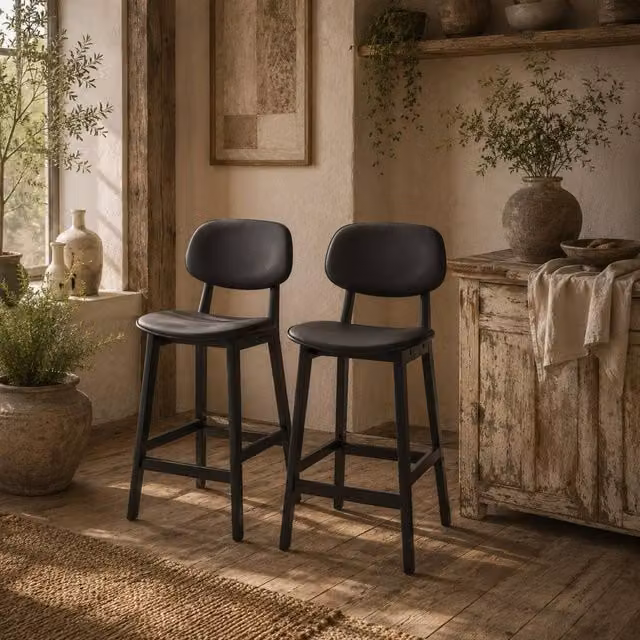 Wyld Haus Resono Set of 2 Black Solid Wood Bar Stools with Faux Leather Seats