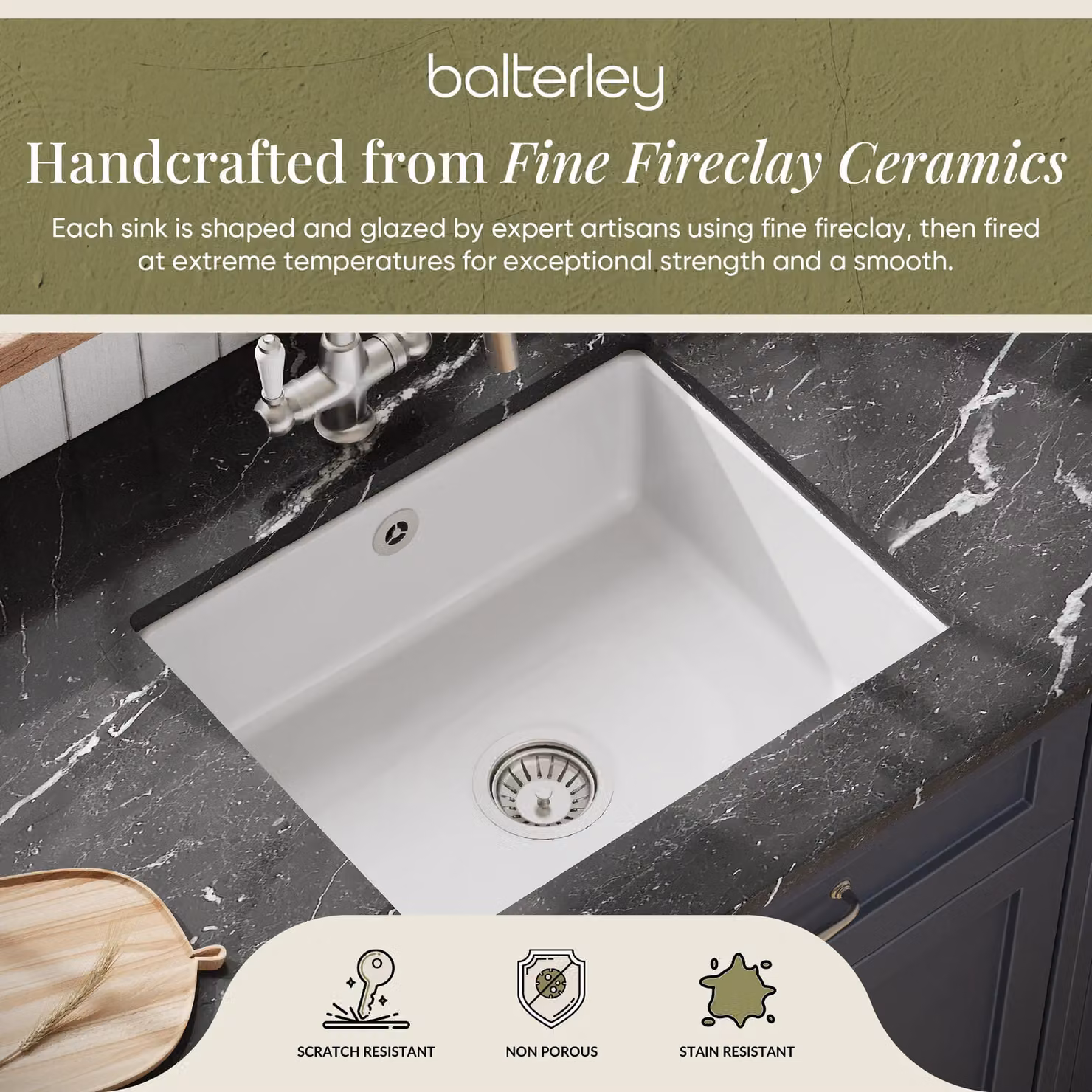 Balterley White Ceramic Fireclay Single Bowl Square Undermount Kitchen Sink with Overflow, W: 54.8 cm, D: 44.2 cm, H: 19.7 cm – 2