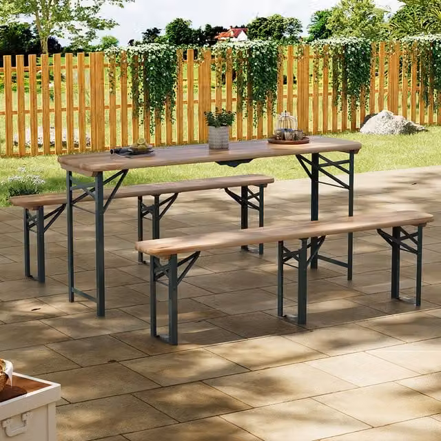Livingandhome Retro Outdoor Wooden Foldable Table and Bench Set in Brown