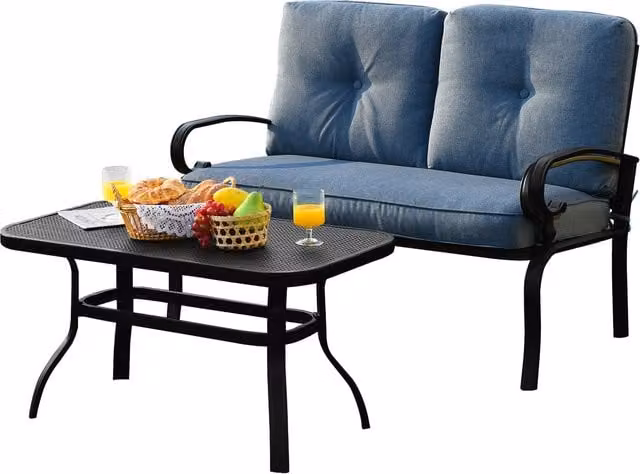 Costway Modern Outdoor Conversation Set with Cushioned Sofa and Table in Blue