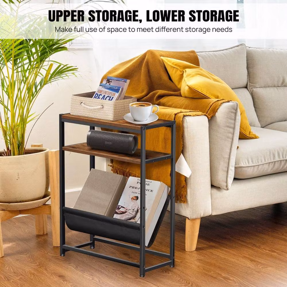 EONLION Type A 3 Tier Narrow Side Table and Bedside Table in Brown and Black – 4