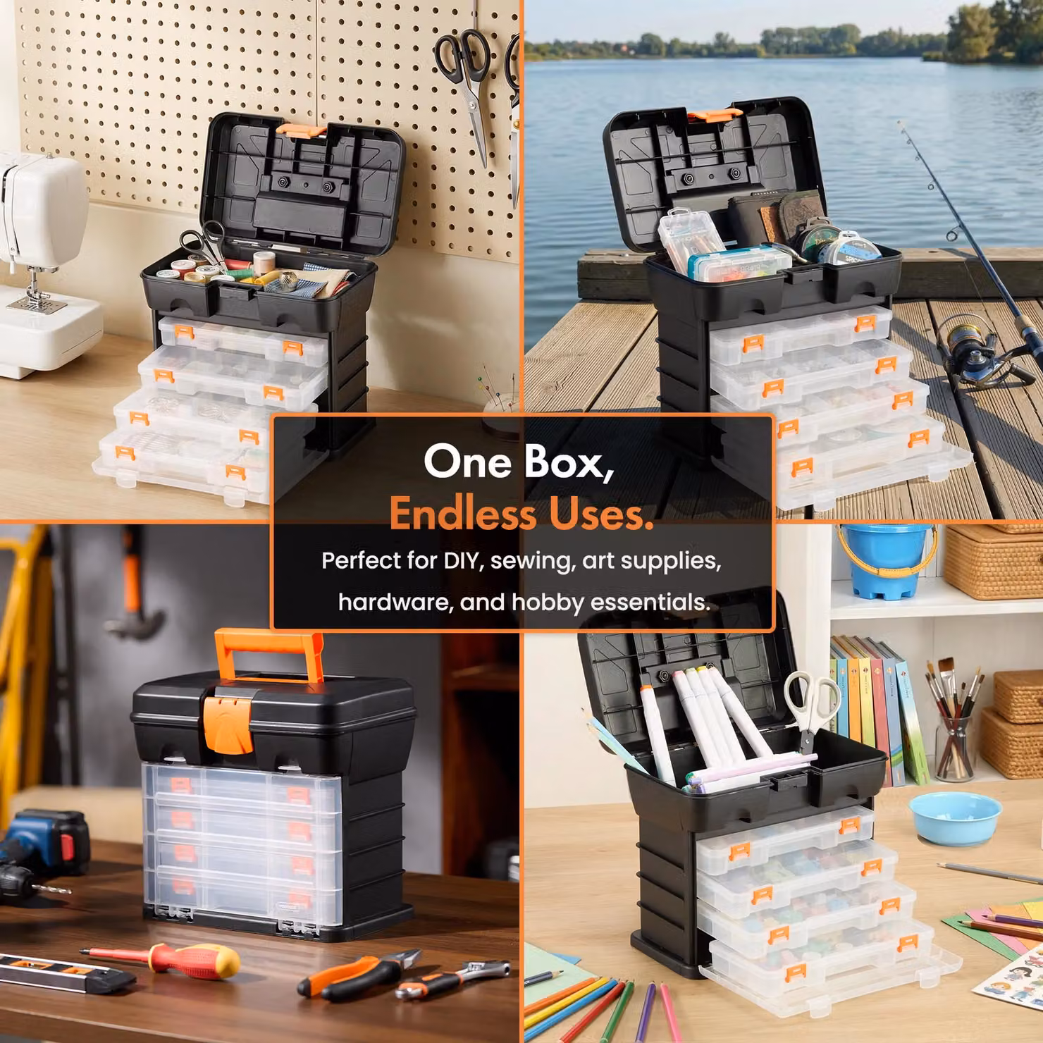 VonHaus Plastic Utility Tool Box Storage Organiser Case in Black with Inserts – 2