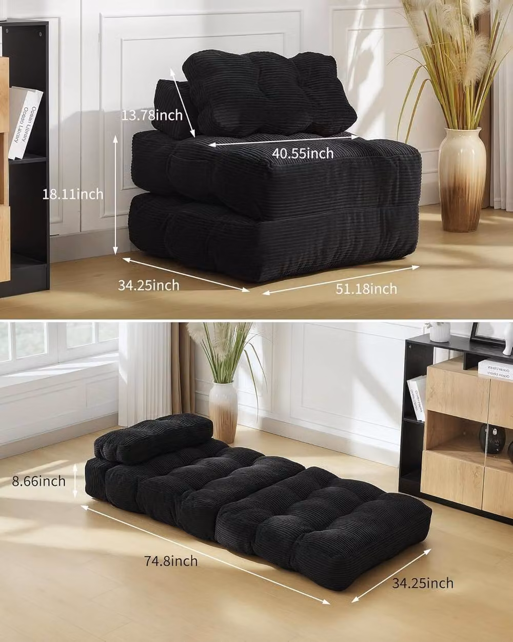London Boutique 3-in-1 Convertible Sofa Bed Chair and Folding Lounger Mattress with Pillow in Black – 2