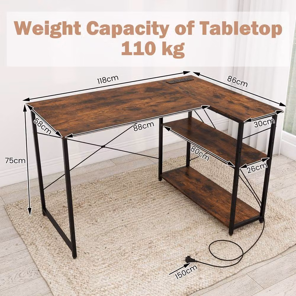 Costway L-shaped Corner Computer Desk with Power Outlet and Reversible Shelves in Brown – 3