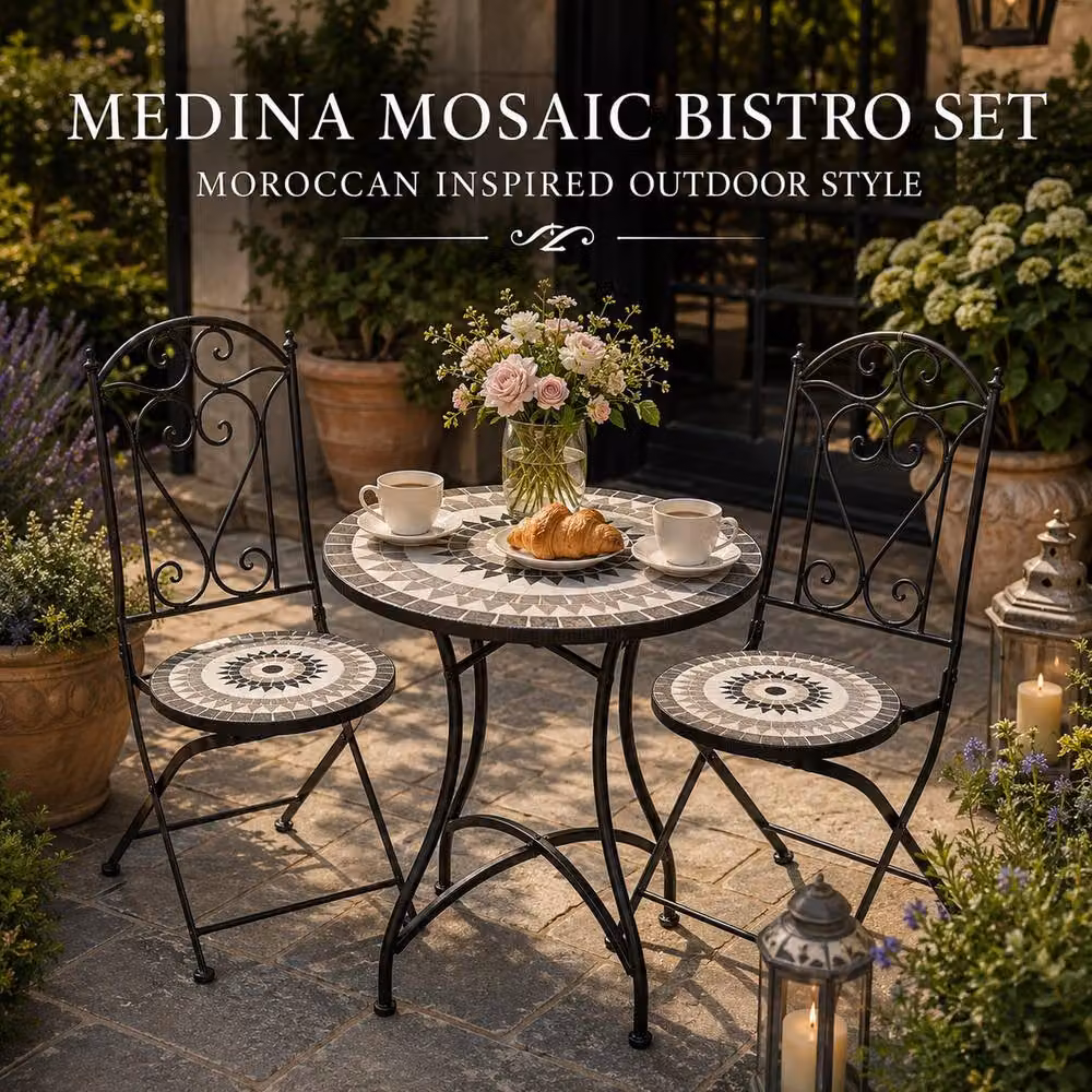 Shatchi Mosaic Bistro Set with Round Ceramic Tile Table and Folding Chairs in Multicolour and Black – 4
