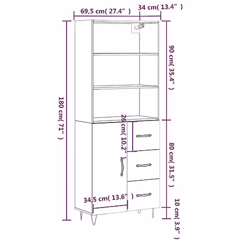vidaXL Modern Black Highboard with Internal Drawers and Shelves, W/D/H: 69.5 x 34 x 180 cm – 3
