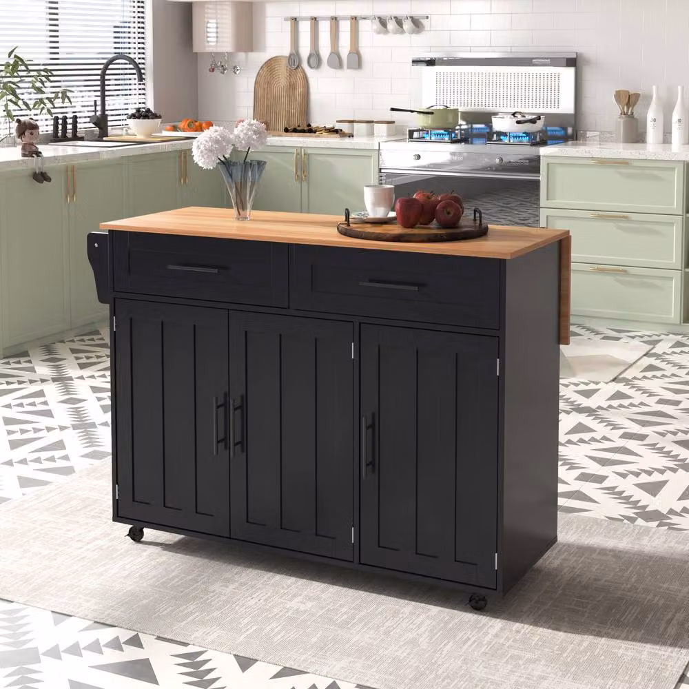 Merax Kitchen Island Trolley with Foldable Tabletop and Storage Cabinet Drawers in Black – 10