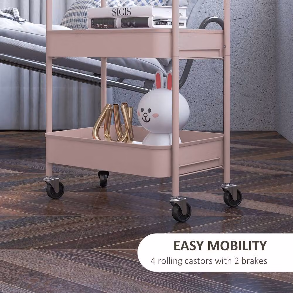 ERGOVEXA Three-Tier Metal Storage Trolley with Castors, Pink – 4