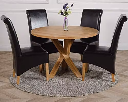 Thats Furniture Oregon Round Oak Dining Table and 4 Montana Black Leather Chairs Set, Diameter: 110 cm