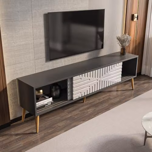 DECOROTIKA Riso Modern TV Stand with Sliding MDF Doors and Solid Wood Legs, Anthracite and White, W: 180 cm, D: 35 cm, H: 54 cm – 3