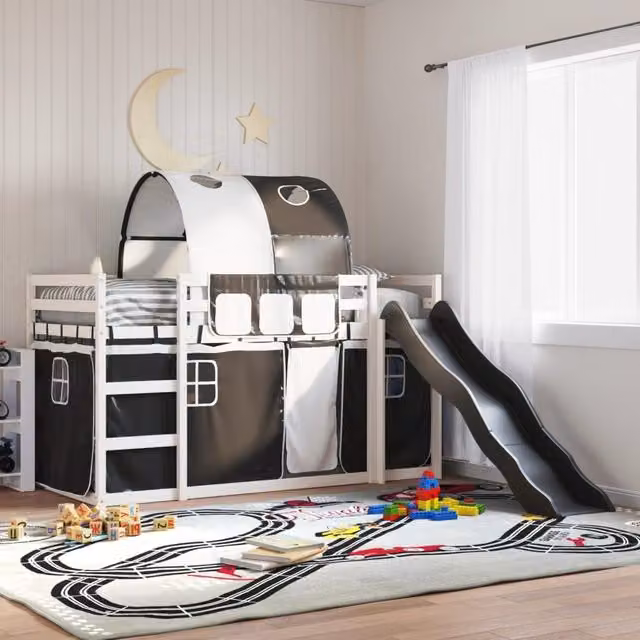 Berkfield Home Solid Wood Bunk Bed with Slide in White and Black, W/D/H: 90 x 200 cm – 1