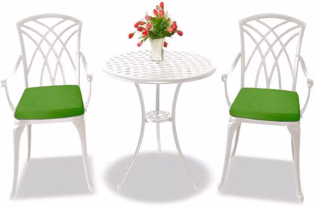 Centurion Supports OSHOWA Cast Aluminium Garden Bistro Set with Table and 2 Armchairs in White with Green Cushions – 1