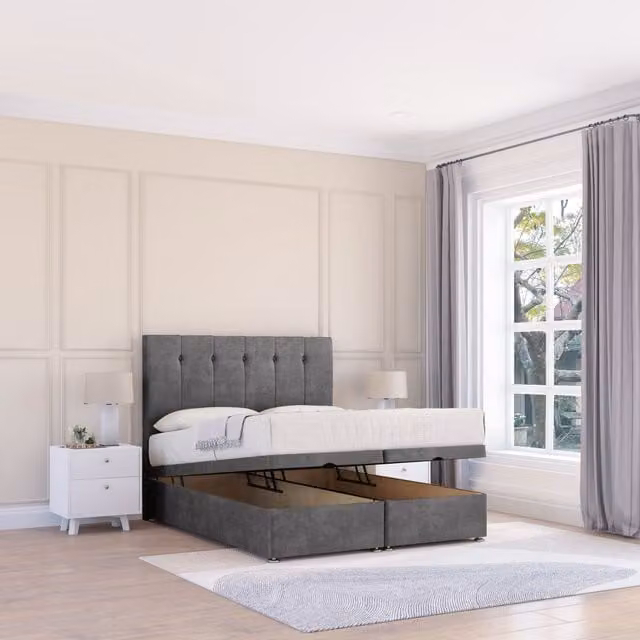 Sloomy Highbury Double Ottoman Bed with Sprung Memory Mattress and 26 Inch Strut Headboard in Dark Grey, W/D/H: 140 x 200 cm