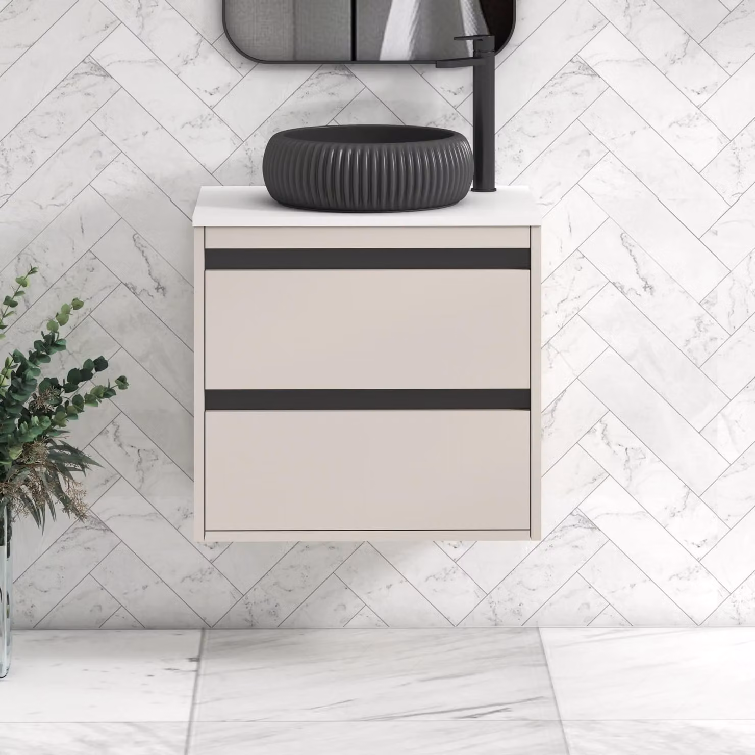 Royal Bathrooms Orion 600mm Wall Hung Vanity Unit in Warm Taupe with Milan Black Basin and Black Accent Trim