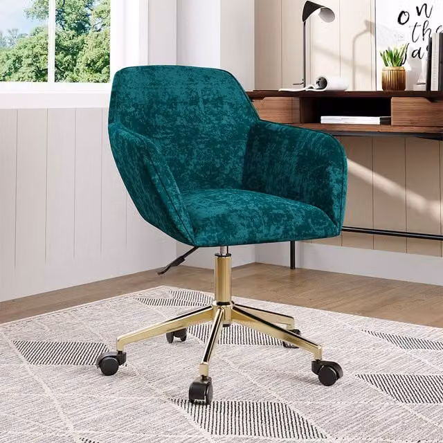 Livingandhome Green Velvet Upholstered Swivel Task Chair with Gold Metal Base