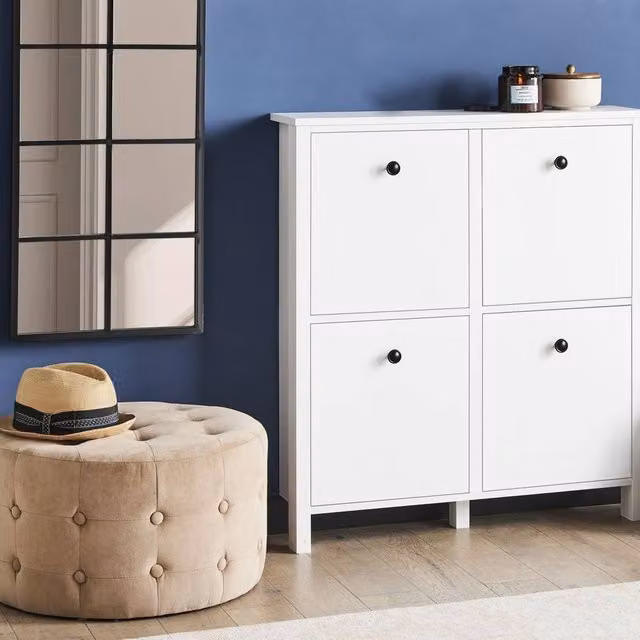 Wyld and Coco Modern White MDF Shoe Storage Cabinet with Tilting Compartments, W/D/H: 90 x 20 x 80 cm
