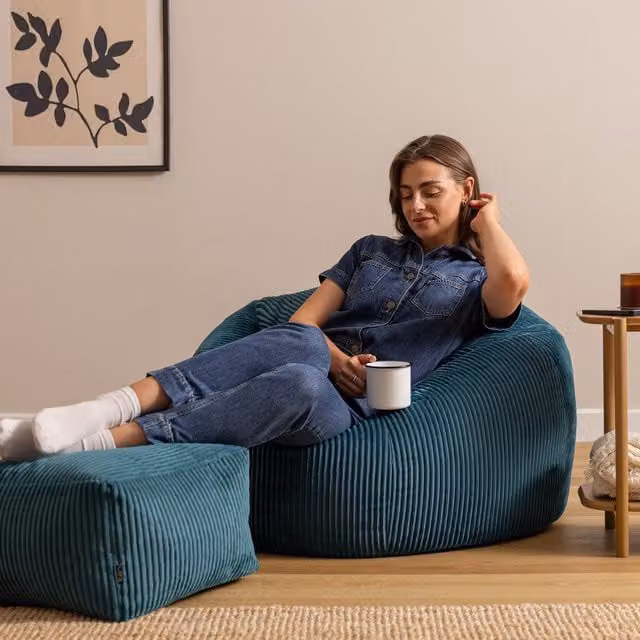 ICON Kingston XL Jumbo Cord Classic Dome Bean Bag and Footstool in Petrol