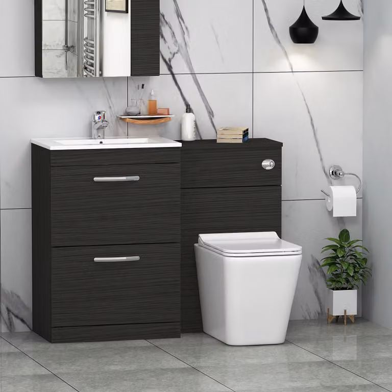 Royal Bathrooms Turin Minimalist Black Floor Standing Bathroom Furniture Pack with 2-Drawer Unit and Slim Elena Ceramic Toilet