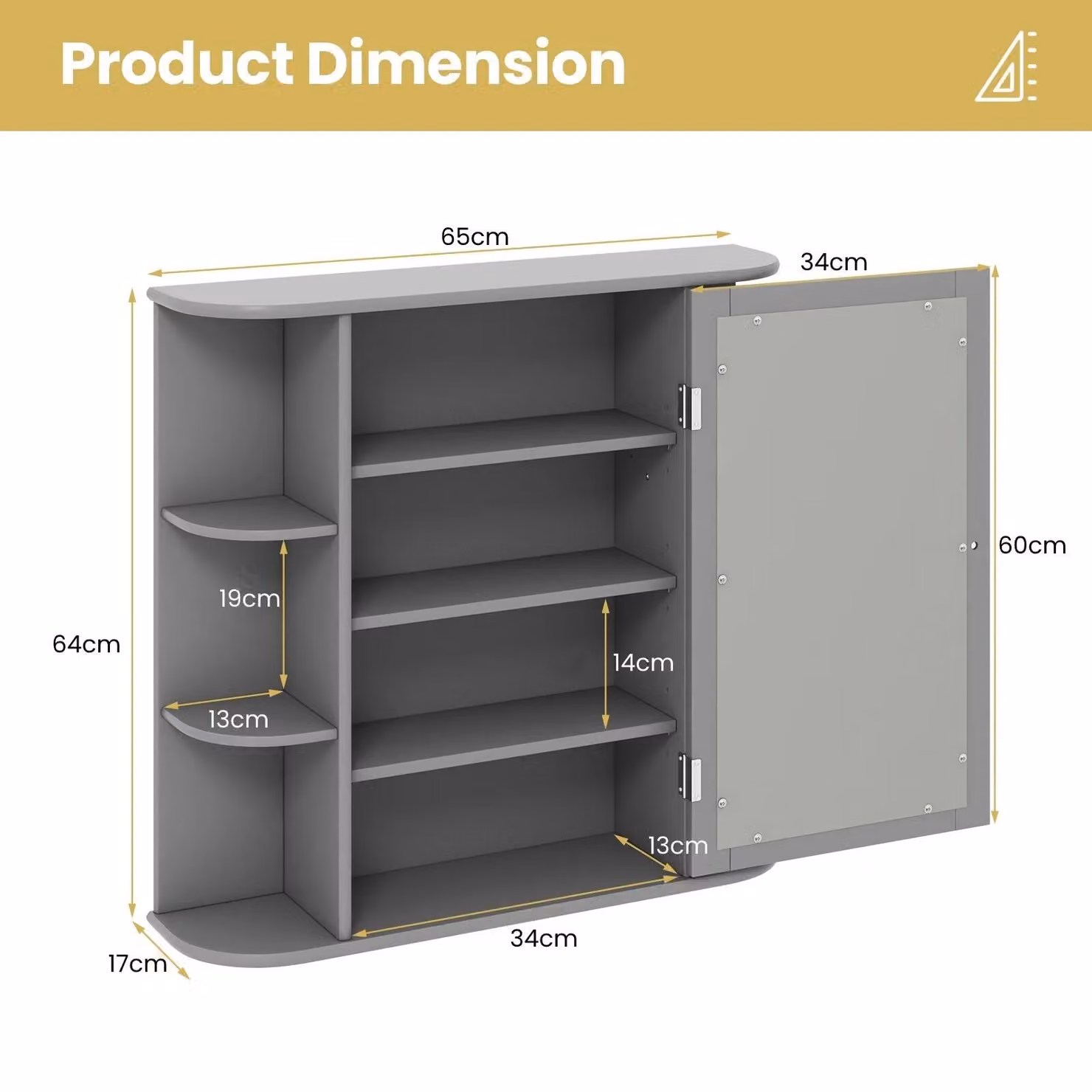Costway 3-Tier Mirrored Wall-Mounted Bathroom Cabinet with Display Shelves in Grey – 2